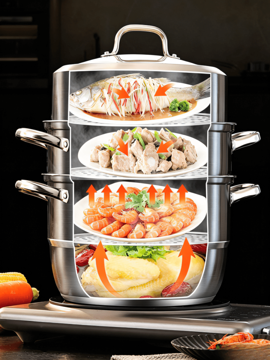 1 stuk verdikte stoompan met hittebestendig handvat, ingekapselde bodem voor geconcentreerde en gelijkmatige warmteverdeling, een multifunctionele huishoudpan ideaal voor stomen, koken, stoven en sudderen.
