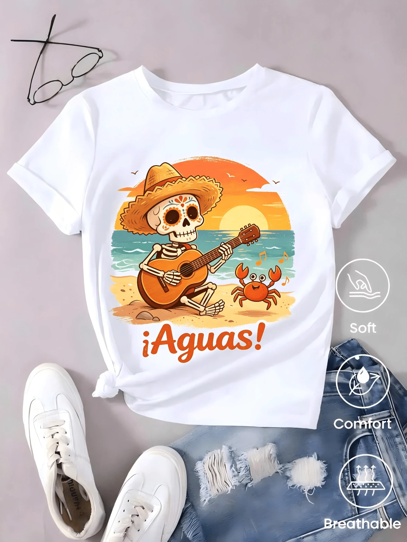 Camiseta de manga corta de moda para primavera y verano de 2026, hecha en México, 180 gramos. Estampado de dibujos animados, modelo de pareja, apta para uso interior o exterior. Cuello redondo, unisex, ideal para oficina y ocio. Paquete de una pieza. - Blanco - Ver 1