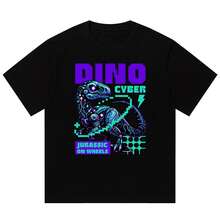 Boy Camiseta De Manga Corta Estilo Urbano Americano, Unisex, Marca De Moda, Camiseta De AlgodóN Puro, Top Con DiseñO De Dinosaurio CibernéTico Pixelado. - Negro - Ver 1