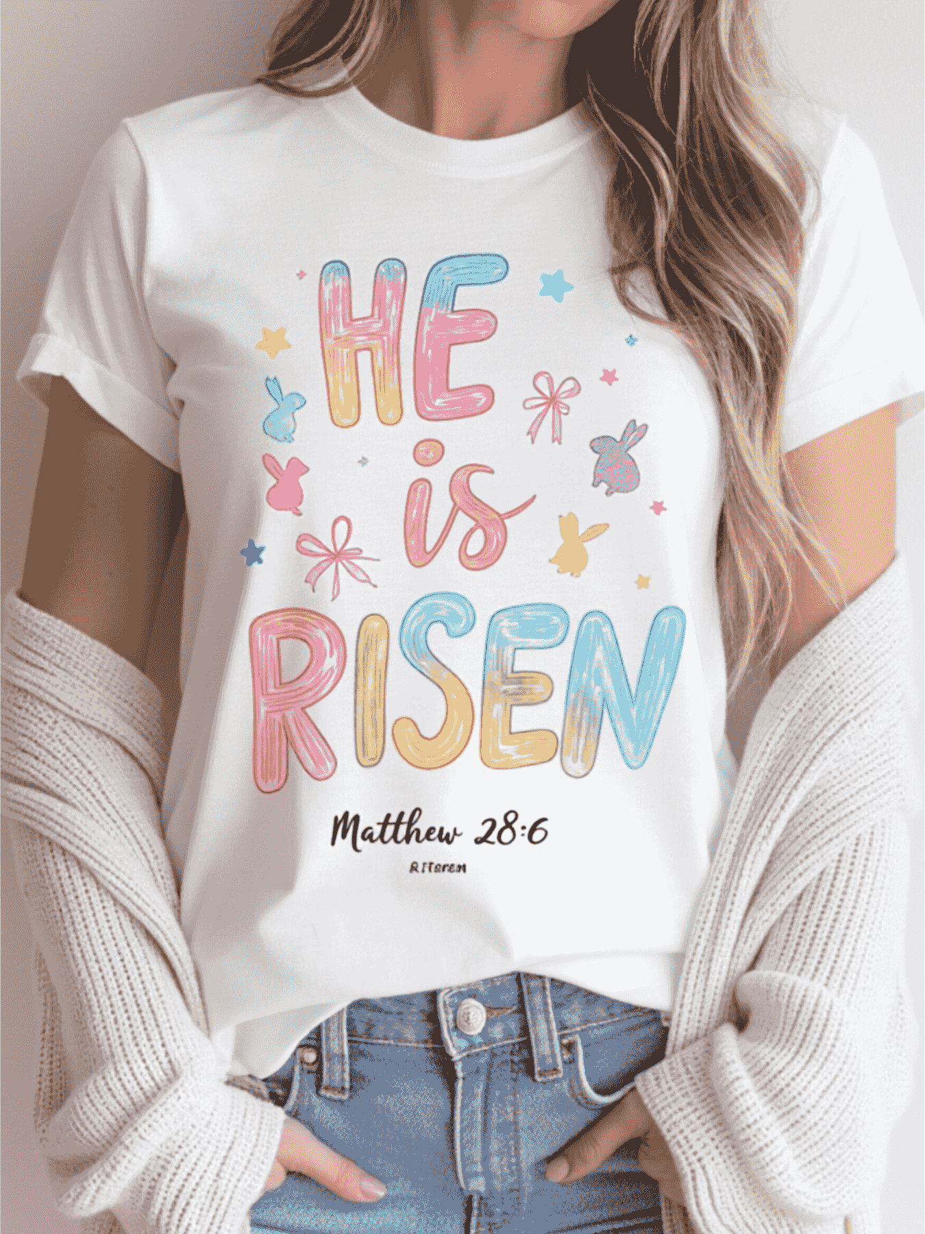 Camiseta Casual de Mujer con Cuello Redondo y Manga Corta | Diseño Cristiano de "Él Ha Resucitado" para Pascua, Impresión Colorida en Acuarela, Atuendo Religioso Informal, Regalo Perfecto para el Año Nuevo 2026, Día de San Valentín y Día de la Madre. Camiseta Informal de Manga Corta y Top 100% de Moda Primavera/Verano para Mujer. Tema de Pascua, Camiseta Unisex, Transpirable y Ligera, Fiesta de Pascua y Reunión Familiar, Camiseta Gráfica para Hombres y Mujeres, Camisetas Gráficas para Mujer, Camiseta de Verano, Camiseta Casual, Ropa de Vacaciones para Mujer, Diseño Juvenil y a la Moda. - Blanco - Ver 1