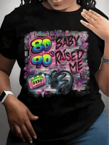 Colores vibrantes con cassette y letras que evocan la energía juvenil de los años 80 y 90 creando una sensación nostálgica urbana camiseta de mujer casual moderna cómoda para uso diario - Negro - Ver 8