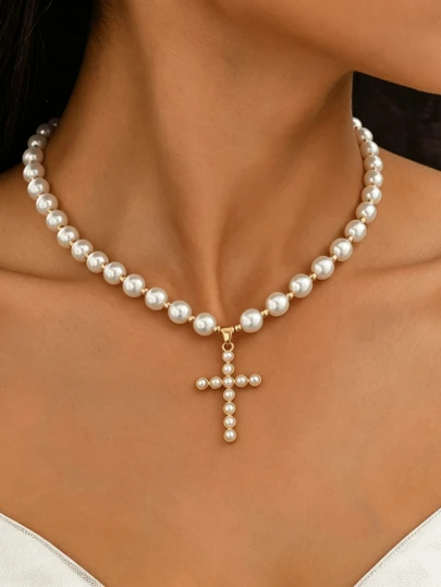 Elegante collar gargantilla con colgante de cruz de perlas, cadena con cuentas, joyería de declaración para mujer, uso diario y regalos de boda
