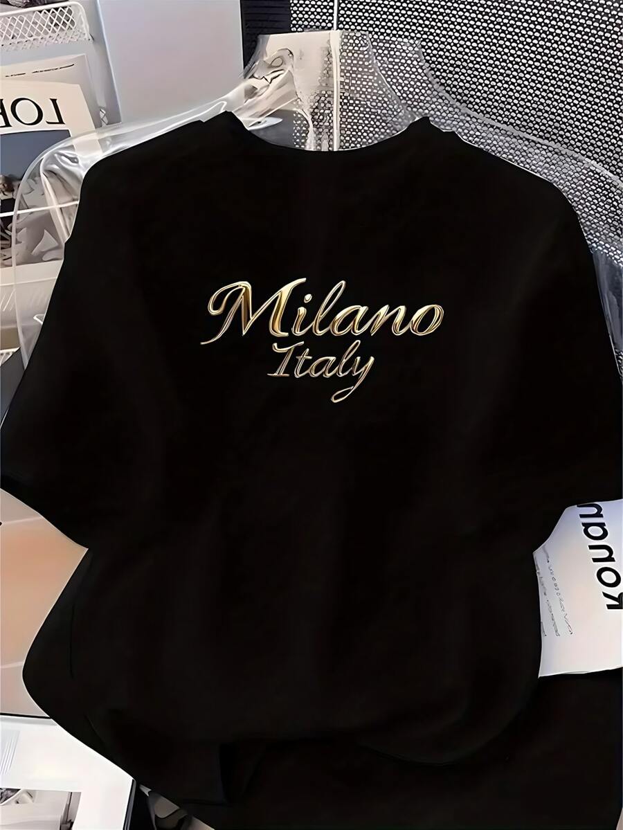 Camiseta unisex de manga corta con estampado de letras, corte holgado, 100% algodón, diseño clásico en blanco y negro muy versátil, para usar todo el año - Negro - Ver 1