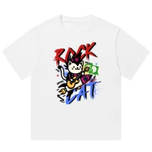 Boy Camiseta De Manga Corta Holgada, VersáTil, Informal Y Moderna Para Hombre, Con Estampado Americano De Banda De Rock Y Gato. - Blanco - Ver 9