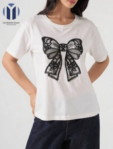 Playera Casual de Manga Corta para Mujer con Estampado de Moño Estilo Encaje - Ideal para Verano - Blanco - Ver 4