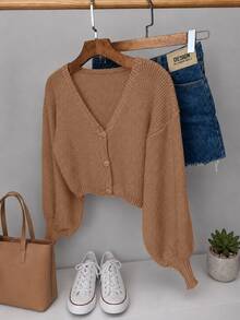 Women's Knitted Coat, Button-Down Blouse, Fang Stitch, Long Puff Sleeves, Elegant Casual Winter Style. - 新米色 - 查看 1