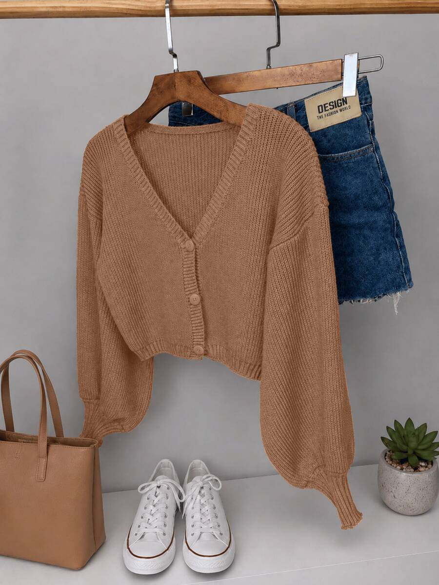 Women's Knitted Coat, Button-Down Blouse, Fang Stitch, Long Puff Sleeves, Elegant Casual Winter Style. - 新米色 - 查看 1