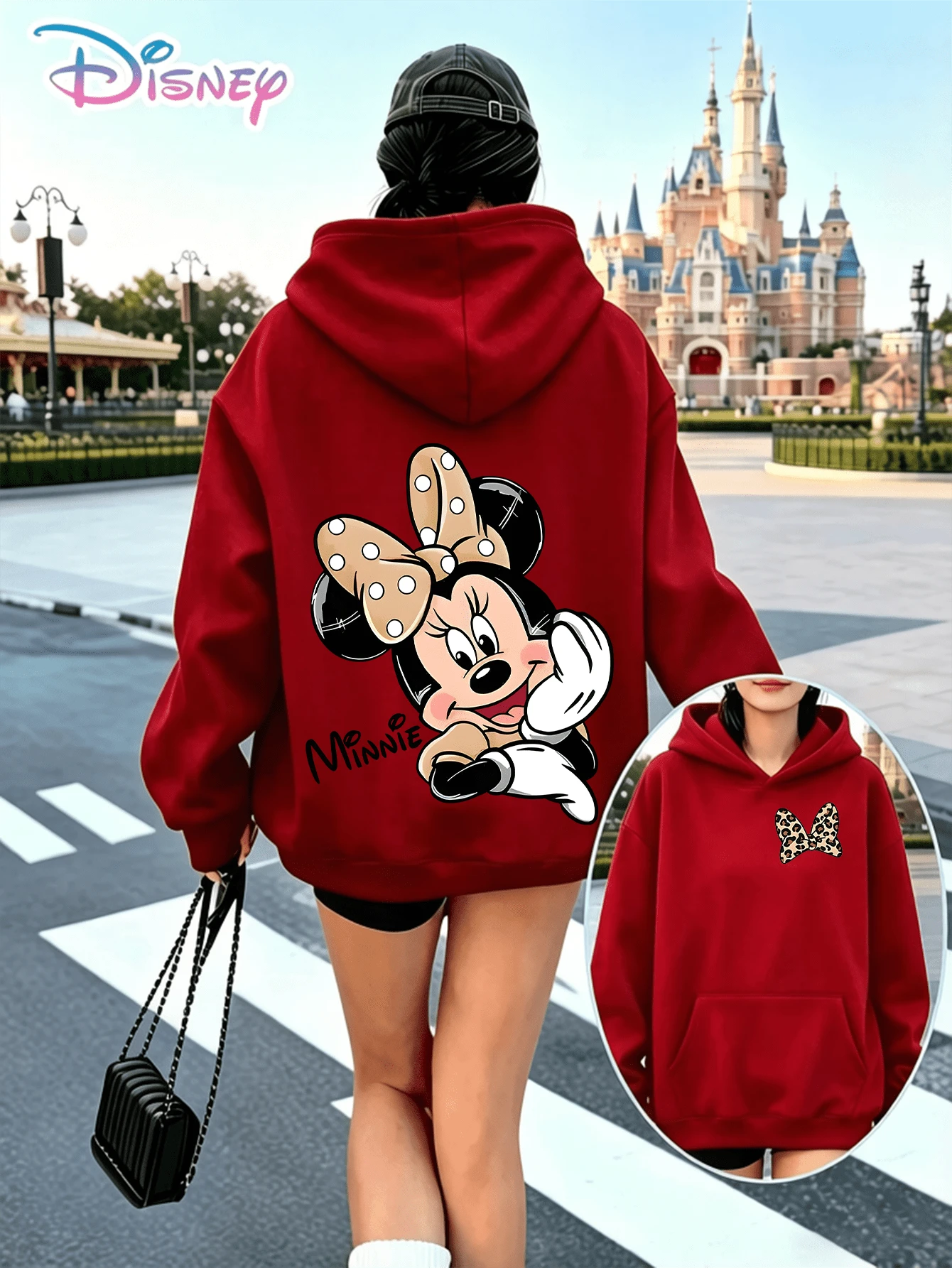 Disney Leopard Polka‑Dot Bow Minnie Mouse Printed Hoodie With "Minnie" Slogan. A Relaxed, Casual, And Versatile Top, Perfect For Holiday Gifting. (Women's Autumn/Winter Clothing/Elegant Women's Outfits/Patterned Hoodies/Printed Tops/Casual Outfits For Sweet Daily Wear) - 紅色 - 查看 1