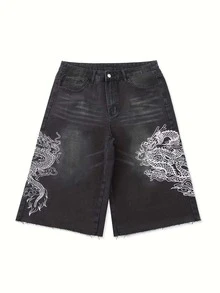 男士百慕大刺绣水洗宽松阔腿牛仔短裤，休闲街头风，适合通勤、旅行和度假 - 黑色 - 查看 3