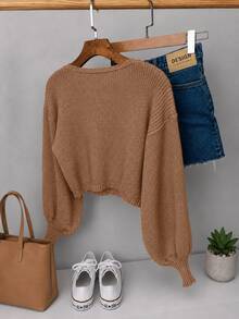 Women's Knitted Coat, Button-Down Blouse, Fang Stitch, Long Puff Sleeves, Elegant Casual Winter Style. - 新米色 - 查看 3