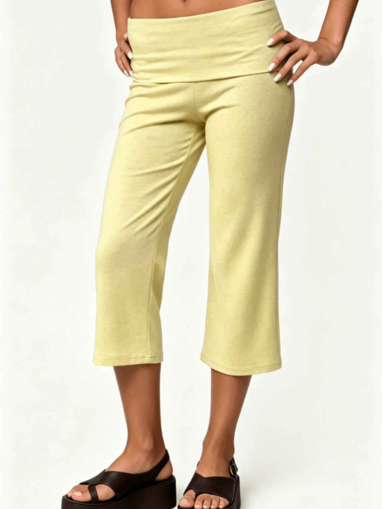 Womens Low Rise Capri Pants Fold Over Waistband Solid Color Slim Fit Cropped Pants Trousers - 黃色 - 查看 1