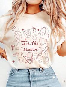 Motivos de béisbol con guante pelota bate sombrero y silla que evocan la alegría del juego al aire libre y el espíritu deportivo camiseta de mujer casual cómoda para verano y ocio - Blanco - Ver 8
