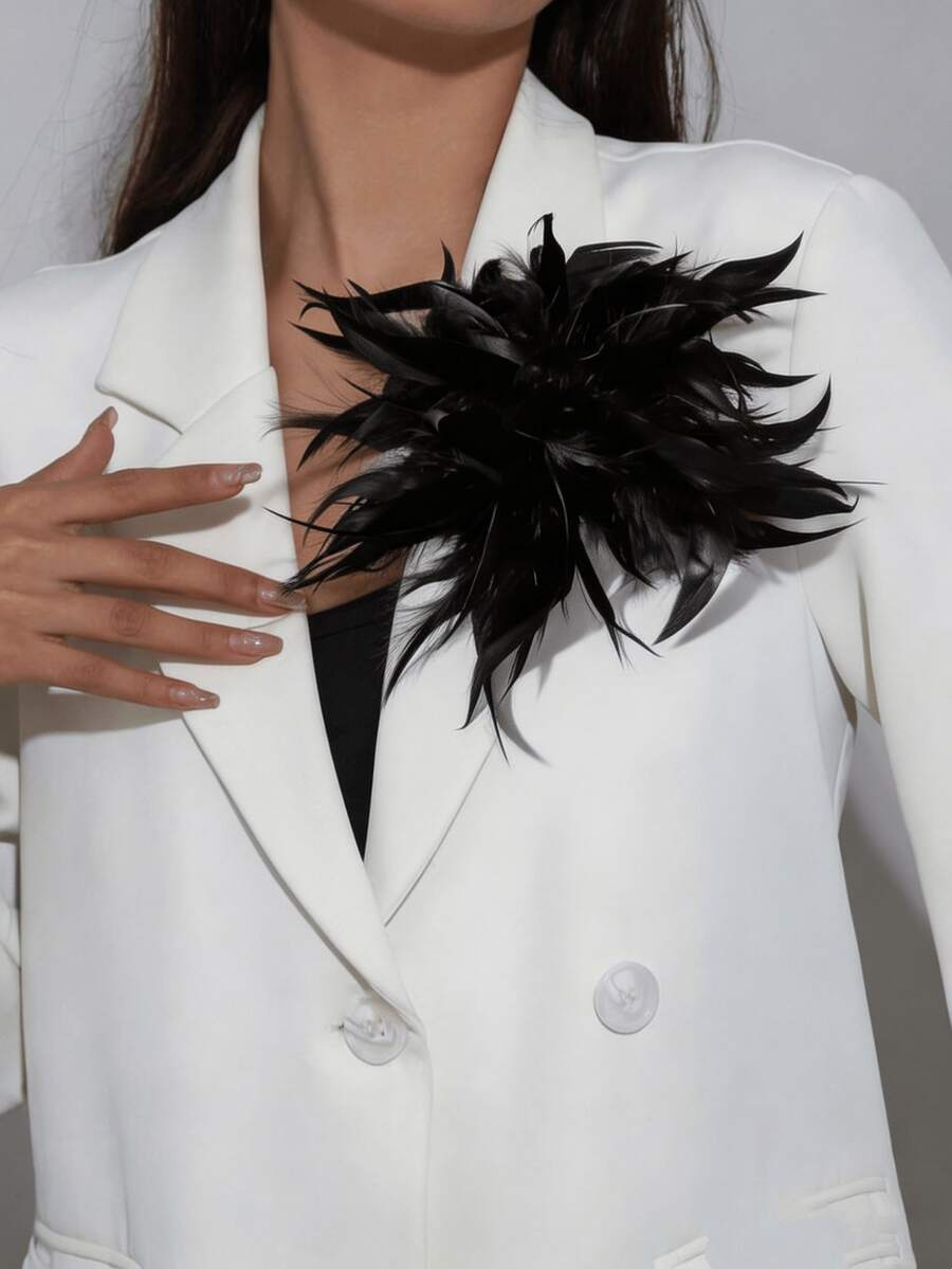 1pc Handmade French Retro Exaggerated Feather Brooch Hair Clip, Unique Feather Flower Brooch Pin, Fashionable & Elegant Multi-Purpose Headpiece Suitable For Women's Daily And Evening Wear - Black - View 1