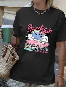Camiseta premium para mujer, 100% algodón, negra, con estampado vintage de un coche convertible rosa "Malibu Beach Club", lavable a máquina y resistente al color, adecuada para días de playa, uso diario y como prenda casual para eventos recientes en EE. UU., ropa elegante, costera, vintage y cómoda, ecológica. - Negro - Ver 1