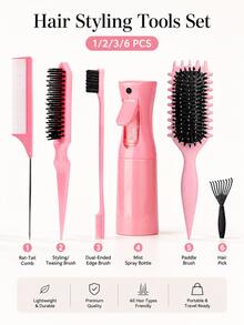 Bộ dụng cụ tạo kiểu tóc 1/2/3/6 món, gồm lược chải viền tóc, lược đuôi chuột, bình xịt nước liên tục, lược gỡ rối và lược răng thưa dùng cho tóc giả, tóc tết, tóc đuôi ngựa và chăm sóc tóc em bé. - Nhiều màu - Xem 5