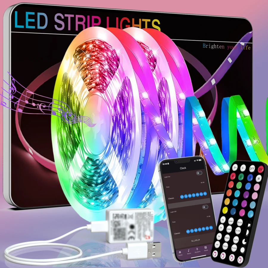 3-100英呎裝飾性RGB LED燈條，附APP與44鍵遙控器，音樂同步、定時、可調光、動態模式，適用於房間裝飾、派對、遊戲室裝飾、旅行、廚房