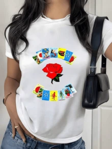 A Vibrant Rose In The Center Surrounded By Colorful Letters That Evoke Mexican Tradition And The Symbolic Beauty Of Latin Identity. Casual Women's T-Shirt With A Cheerful And Modern Print, Ideal For Everyday Wear. - 白色 - 查看 8