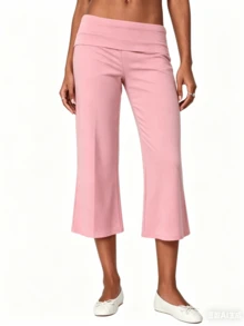 Womens Low Rise Capri Pants Fold Over Waistband Solid Color Slim Fit Cropped Pants Trousers - 粉色 - 查看 3