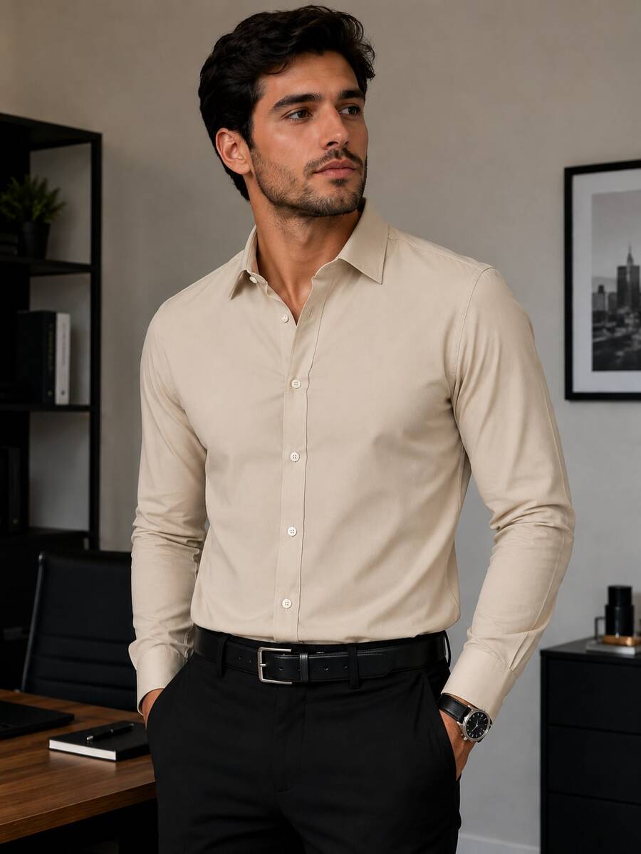 Rand paul Men's Long Sleeve Dress Shirt Office Casual Good Quality Slim Fit With Spandex - 米色 - 查看 1