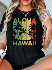 Palmeras y letras que evocan la energía tropical de Hawaii transmitiendo una sensación de libertad y sol junto al mar perfecta para quienes aman el verano camiseta de mujer casual moderna cómoda - Negro - Ver 6