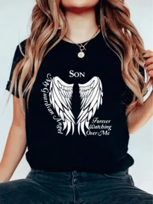 Alas angelicales representando la protección eterna de un ser amado que guía y cuida desde el cielo símbolo de consuelo fe y amor profundo camiseta de mujer casual cómoda para uso diario - Negro - Ver 6