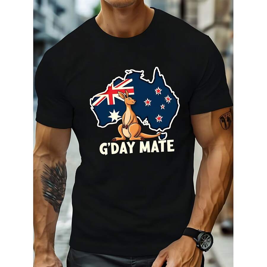Camiseta de manga corta casual de cuello redondo con estampado de letras para hombre, verano - Negro - Ver 1