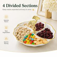 1pc Elegant Gold Rim 4-Compartment Dessert Plate, PS Plastic Divided Fruit Tray With Ginkgo Leaf Handle, Home Gathering Candy & Nut Serving Dish - Multicolor - View 5