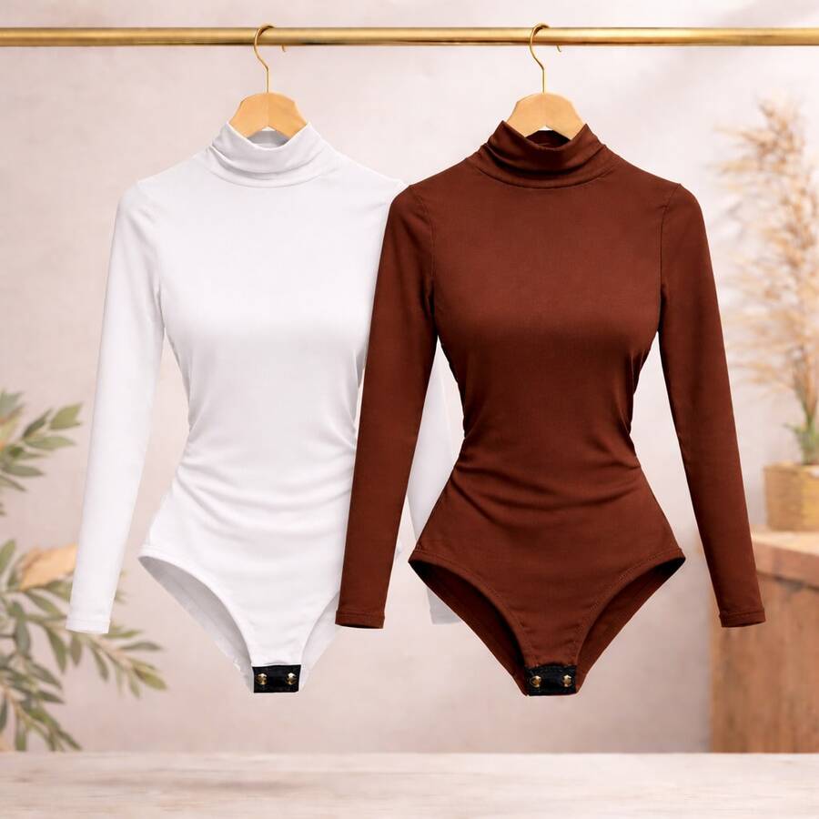 Women's Long Sleeve Bodysuit, Sizes P To G5, Elegant Plus Size Blouse, Autumn/Winter Bodysuit - 2件棕白相間的長袖連身衣 - 查看 1