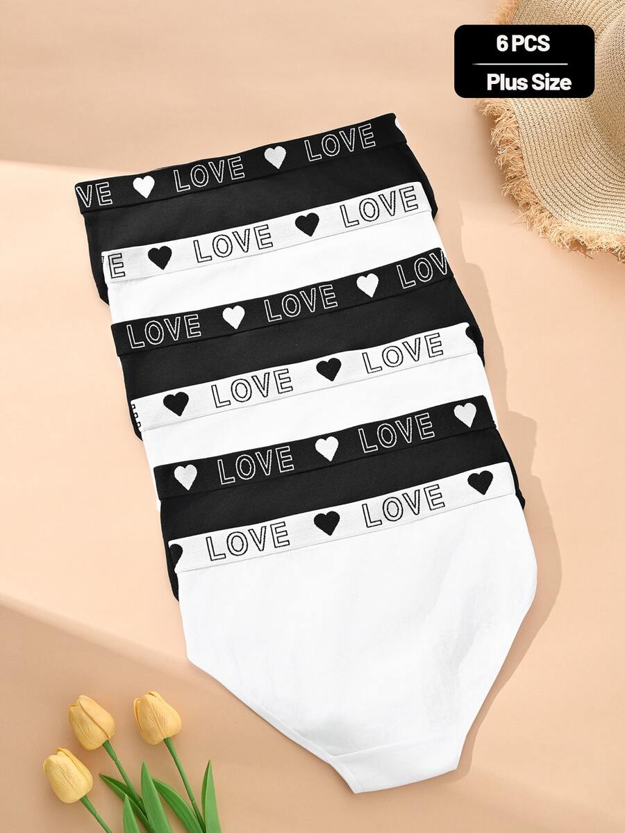 Teowryxou Plus Size Women's Triangle Briefs 6pcs Solid Love Letter Waistband Multicolor