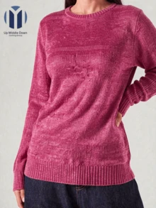 Suéter Casual de Punto Ligero para Mujer: Cuello Redondo y Estilo Relajado - Ideal para Otoño e Invierno - Rosa Roja - Ver 5