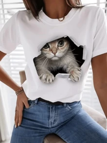 Gato curioso asomándose entre un agujero simulando salir de papel con mirada tierna que transmite dulzura y sorpresa camiseta de mujer moderna cómoda para uso diario - Blanco - Ver 1