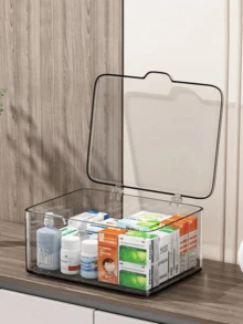 1pc Transparent Storage Box With Lid, Large Capacity Desktop Organizer, Suitable For Medicine, Cosmetics, Jewelry Storage, Multi-Functional Flip Lid Storage Box, Suitable For Hospital, School, Dorm, Office, Home, Home Organization Essential - Clear - View 1