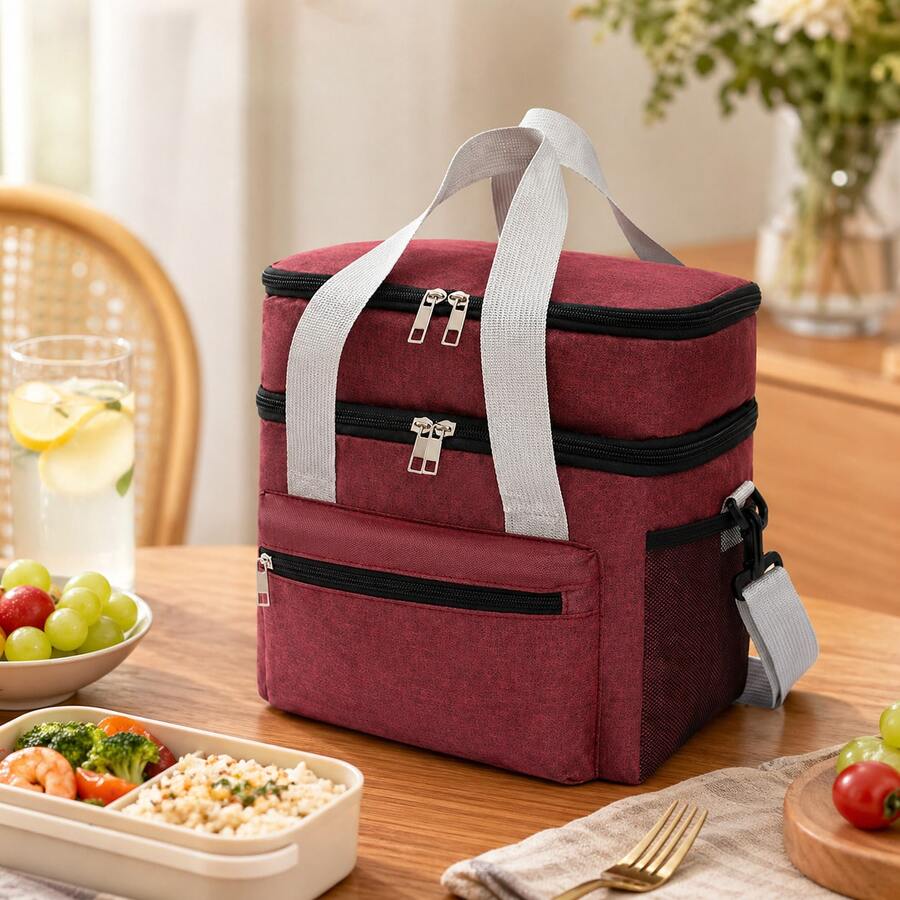 1 Piece Double Compartment Thermal Lunch Bag, Waterproof Oxford Cloth Portable Lunch Box With Adjustable Strap, Keeps Food Cold And Hot, Water Resistant Aluminum Lining, Ideal For Work, School, Picnic, Camping And Travel, Available In Various Colors - 紅色 - 查看 1