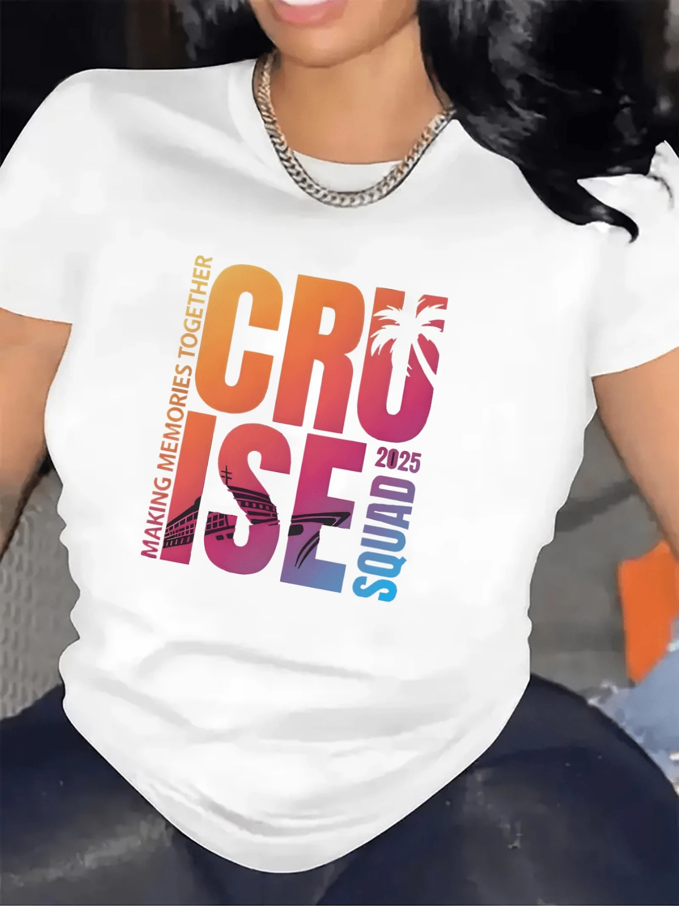 Palm Tree At Sunset With Warm Tones That Evoke Seaside Holidays And Friendship During A Boat Trip With A Positive Message To Share Happy Moments, Modern Casual Women's T-Shirt For Summer - 白色 - 查看 1
