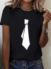 White Tie Design Symbolizing Professional Elegance And Confidence, Reflecting A Bold And Modern Style Perfect For Confident Women With Attitude. Versatile Casual Women's T-Shirt For Everyday Wear - 黑色 - 查看 1
