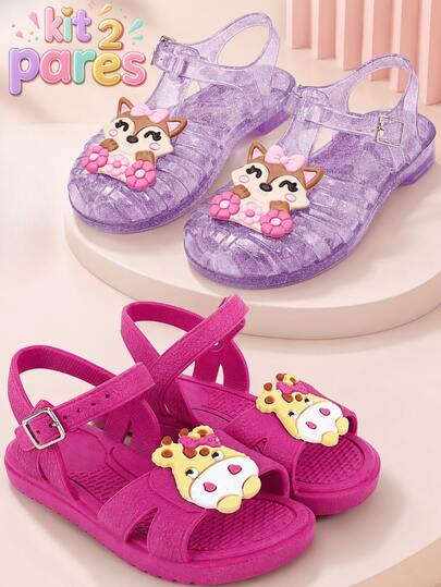 Kit 2 Pares Sandália Infantil Menina Glitter Borboleta + Sandália Ovelhinha Confortável Leve Antiderrapante Casual Rosa e Lilás