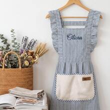 1pc Personalized Embroidered Ruffle Apron, Adjustable Striped Kitchen Apron (With Pockets), Customized Baking Apron, Farmhouse Style Kitchen Accessory, Vintage Women's Apron, Home Cooking Apron, Barista Apron, Handmade Style Kitchen Gift, Housewarming Gift, Chef Apron - Multicolor - View 6