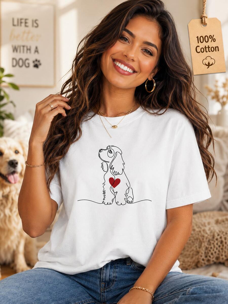 Camiseta de mujer, dibujo de Cocker Spaniel en forma de corazón de un solo trazo, camiseta blanca de manga corta y cuello redondo de algodón puro estampada, lavable a máquina, estilo casual, ajuste cómodo, diseño moderno, versátil para uso diario, tela suave, estilo a la moda. - Blanco - Ver 1