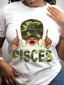 Símbolo de Pisces con gorra de camuflaje que representa la dualidad emocional y la conexión con la naturaleza mostrando equilibrio y serenidad camiseta de mujer casual cómoda para uso diario - Blanco - Ver 1
