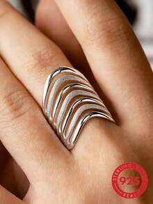 1 Piece S925 Sterling Silver Women's Personalized Multi-Layer Wavy Ring, Matte Textured Wide Design Quality Silver Jewelry, Suitable For Daily Wear, Commuting Matching, Holiday Gifts, Unique Gift For Girlfriend Or Best Friend, Gift Box - Silver - View 1