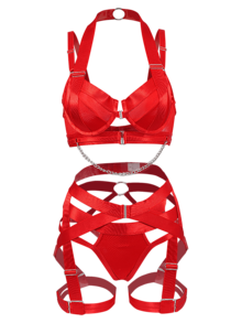 Women's Sexy Lingerie Set, Underwire Push-Up Bra, Garter Belt Set With Chain - Red - View 1
