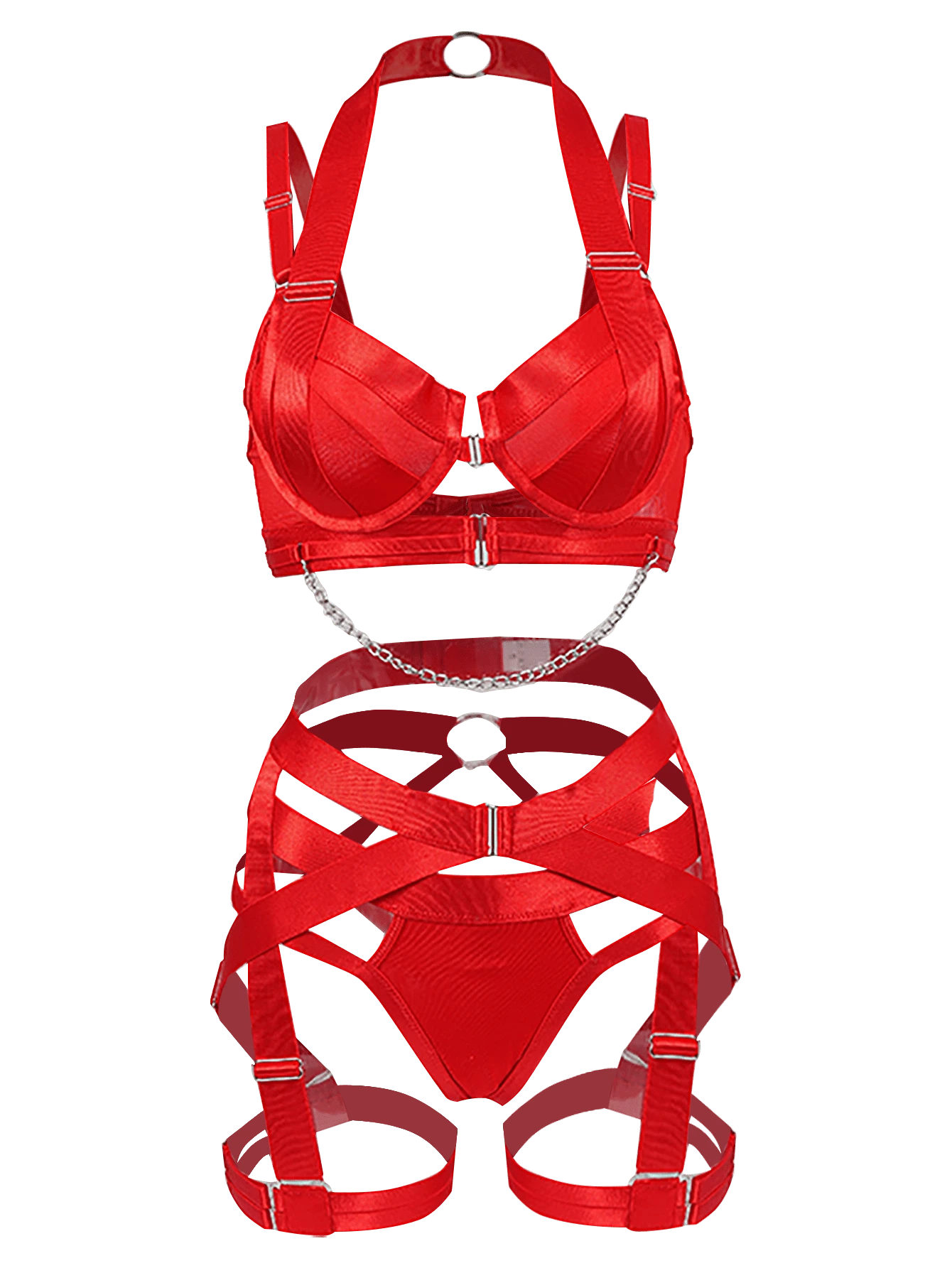 Women's Sexy Lingerie Set, Underwire Push-Up Bra, Garter Belt Set With Chain - Red - View 1