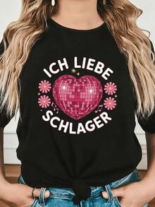 Corazón brillante en forma de bola de discoteca rodeado de flores y notas musicales que simbolizan el amor y la alegría de la música camiseta de mujer moderna para uso casual y festivo - Negro - Ver 6
