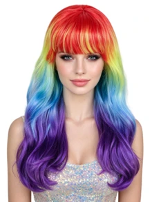 Long Curly Synthetic Wig,Vibrant Long Wavy Wig With Fringe Multi-Color Gradient & Solid Options, Full Bangs, Fluffy Waves, For Halloween Party Cosplay Music Festival Dance Performance - Multicolor - View 11