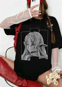 Freezing Anime Oversized T-Shirt, Unisex Black And White Graphic, Sōsō No Freezing - 黑色 - 查看 9