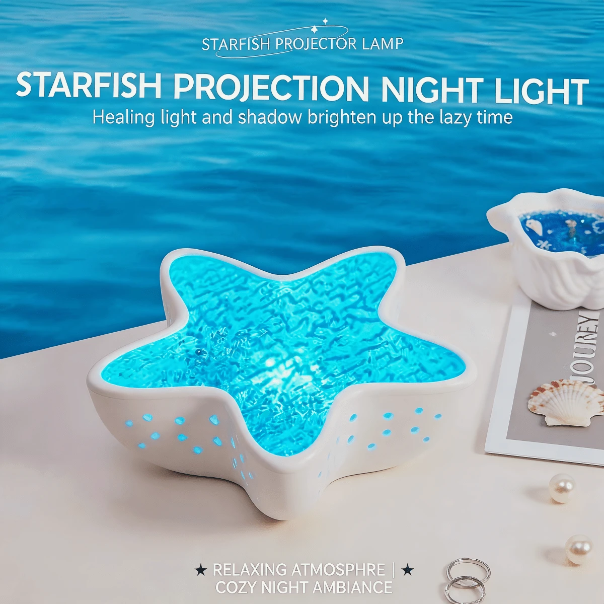 Rechargeable Starfish Night Light, 7-Color LED Aurora Projector, Ocean Wave Lamp, Star Sky Projection Light, Room Decor, Cute Dorm Atmosphere Lamp, Bedroom Bedside Night Light, Soothing Relaxing Lighting, Children's Holiday Gift