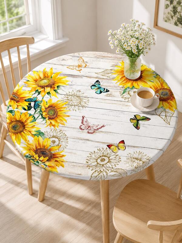 1pc Sunflower & Butterfly Pattern Elastic Tablecloth, Watercolor Floral Print, Vintage Wood Grain Elastic Tablecloth, Washable Reusable Table Cover Suitable For Farmhouse Kitchen, Dining Room And Outdoor Party