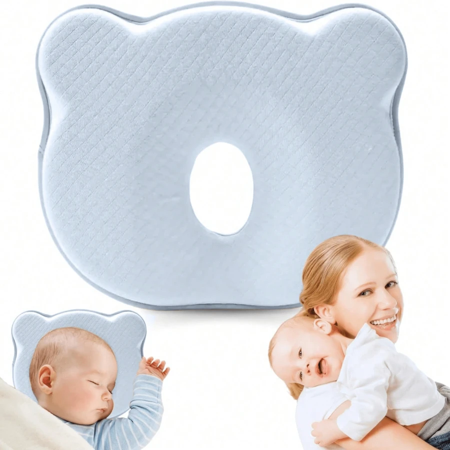 Bantal Bayi Busa Memori untuk Bayi Baru Lahir dengan Kepala Datar, Bantal Bayi Dapat Dicuci dengan Mesin, Penyangga Leher untuk Mencegah Kepala Datar, 100% Katun - Baby Blue - View 1