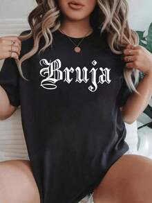 Palabra mística que representa la fuerza interior femenina y la conexión con la energía espiritual de la naturaleza camiseta de mujer con estampado de bruja gótica moderna casual elegante para uso diario - Negro - Ver 1