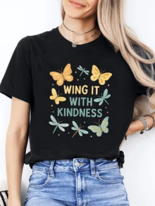 Mariposas y libélulas que vuelan juntas simbolizando libertad esperanza y amabilidad transmiten energía positiva y natural camiseta de mujer con frase inspiradora para uso casual y cómodo - Negro - Ver 6